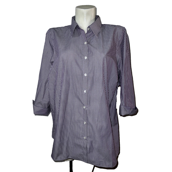 Lands’ End Top Women's Size 18W Purple Stripe Striped Button Up 3/4 Sleeve Shirt - Picture 1 of 11